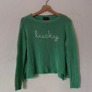 Wooden Ships Lucky Crew Neck Sweater in Green and White Sz S/M